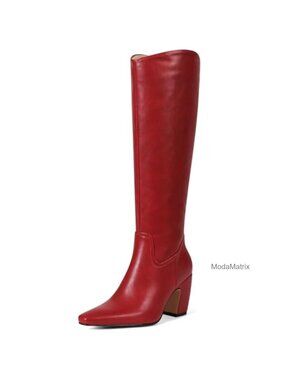 Wide Calf Knee High Boots PU Leather Square Toe Chunky Block Heel